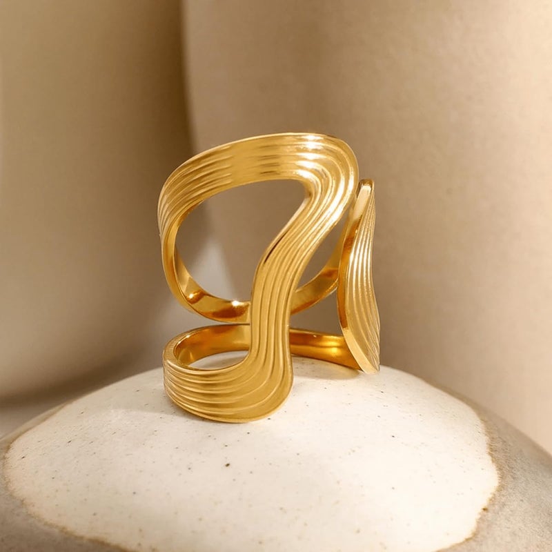 AiTURE Chunky Rings For Women, Gold Silver Thumb Ring Asymmetrical Wavy Curve Ring Adjustable Non Tarnish Dainty Stainless Steel New Year Anniversary Birthday Jewelry Gift - Image 4